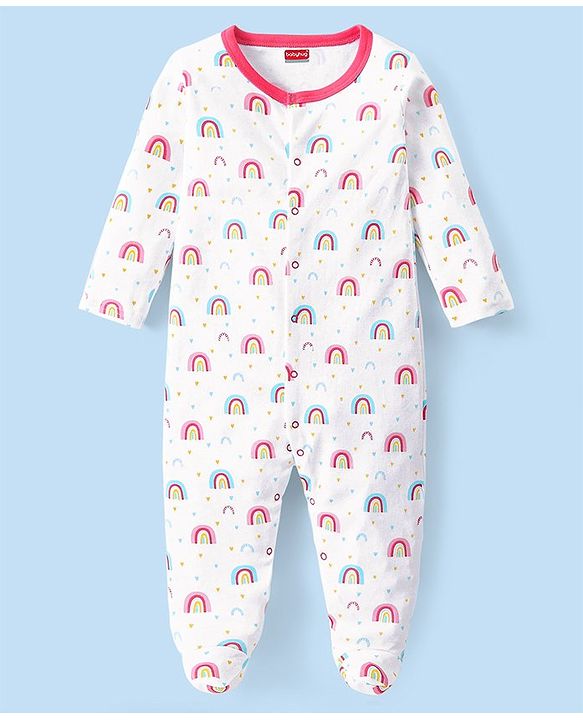 Babyhug 100% Cotton Interlock Knit Full Sleeves Striped & Rainbow Printed Sleep Suits Pack Of 3 - Pink & White
