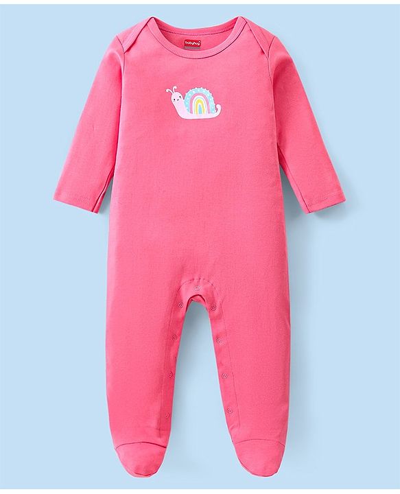 Babyhug 100% Cotton Interlock Knit Full Sleeves Striped & Rainbow Printed Sleep Suits Pack Of 3 - Pink & White