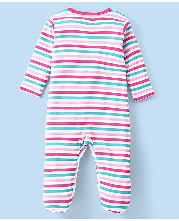 Babyhug 100% Cotton Interlock Knit Full Sleeves Striped & Rainbow Printed Sleep Suits Pack Of 3 - Pink & White