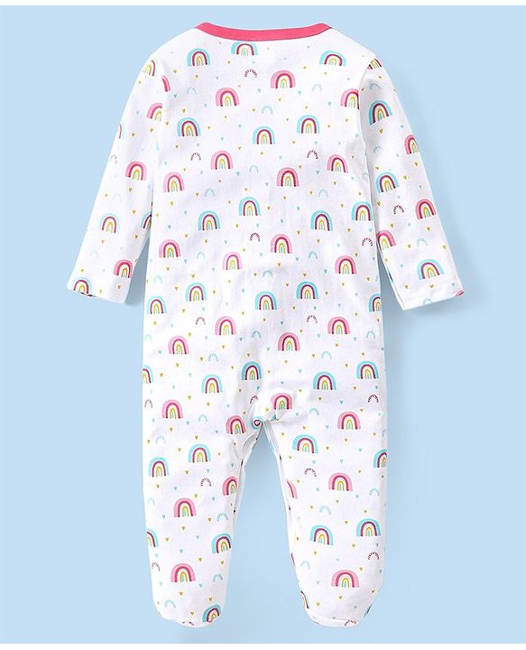 Babyhug 100% Cotton Interlock Knit Full Sleeves Striped & Rainbow Printed Sleep Suits Pack Of 3 - Pink & White