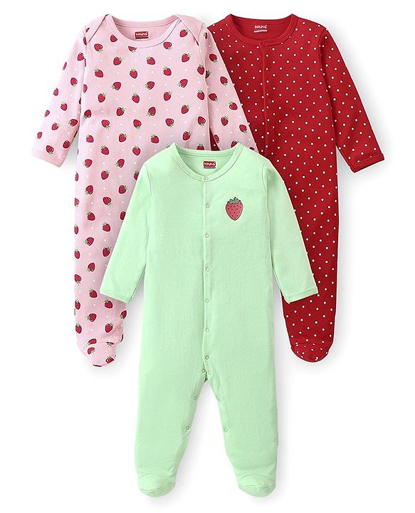 Babyhug Interlock Cotton Knit Full Sleeves Footed Sleep Suit with Fruit & Polka Dots Print Pack of 3 - Multicolour
