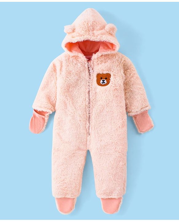 Babyhug Fur Woven Full Sleeves Hooded Winter Wear Romper Bear Patch -Peach