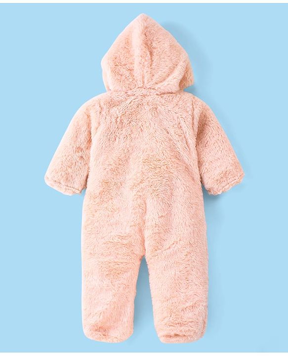 Babyhug Fur Woven Full Sleeves Hooded Winter Wear Romper Bear Patch -Peach