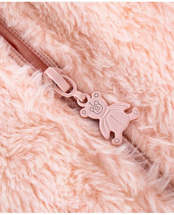 Babyhug Fur Woven Full Sleeves Hooded Winter Wear Romper Bear Patch -Peach