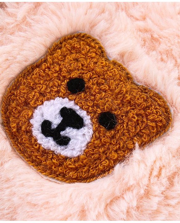 Babyhug Fur Woven Full Sleeves Hooded Winter Wear Romper Bear Patch -Peach