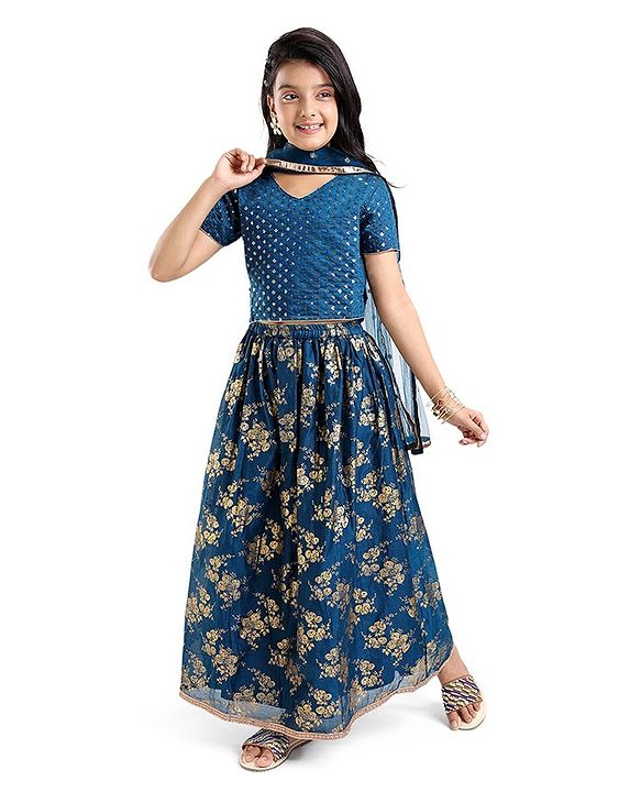 Pine Kids Half Sleeves Sequined Choli Lehenga Set with Dupatta & Gold Foil Floral Print - Teal Blue