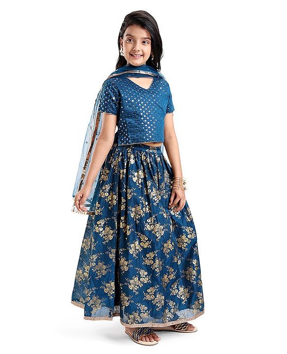 Pine Kids Half Sleeves Sequined Choli Lehenga Set with Dupatta & Gold Foil Floral Print - Teal Blue