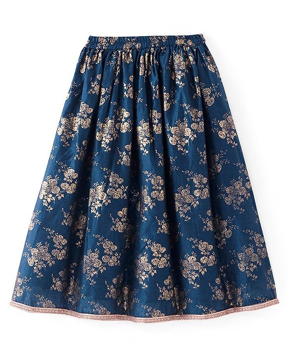 Pine Kids Half Sleeves Sequined Choli Lehenga Set with Dupatta & Gold Foil Floral Print - Teal Blue