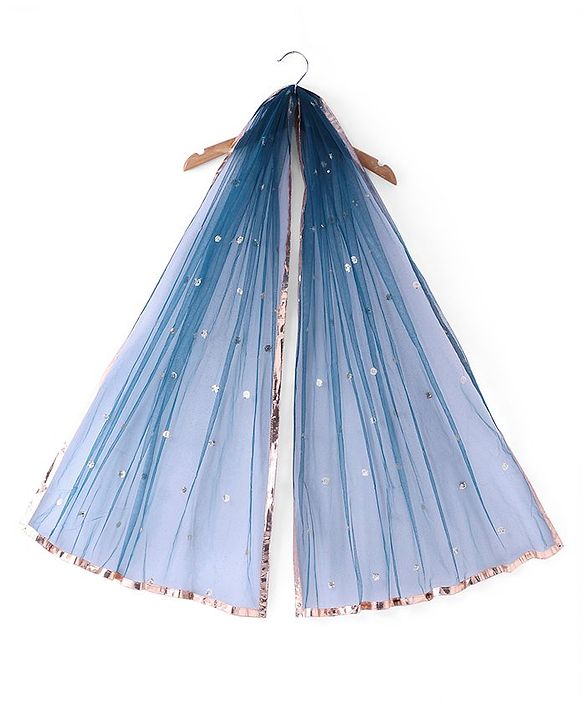 Pine Kids Half Sleeves Sequined Choli Lehenga Set with Dupatta & Gold Foil Floral Print - Teal Blue