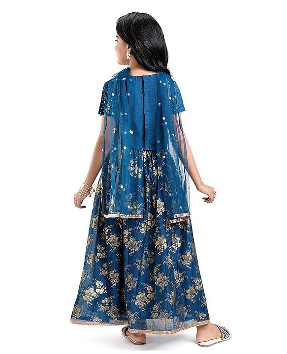 Pine Kids Half Sleeves Sequined Choli Lehenga Set with Dupatta & Gold Foil Floral Print - Teal Blue