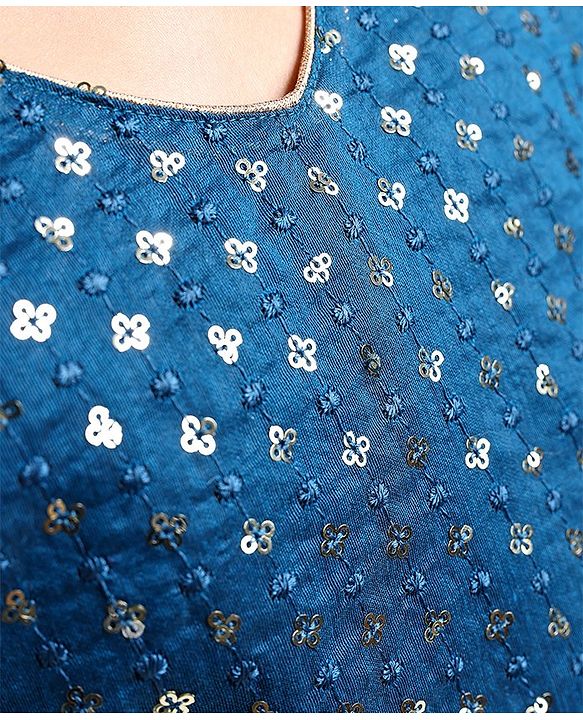 Pine Kids Half Sleeves Sequined Choli Lehenga Set with Dupatta & Gold Foil Floral Print - Teal Blue