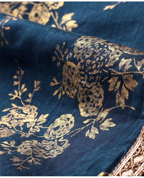 Pine Kids Half Sleeves Sequined Choli Lehenga Set with Dupatta & Gold Foil Floral Print - Teal Blue