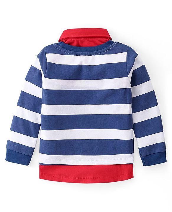 Babyhug Cotton Knit Full Sleeves Overlapped Striped Polo T-Shirt with JCB Patch - Navy Blue & White