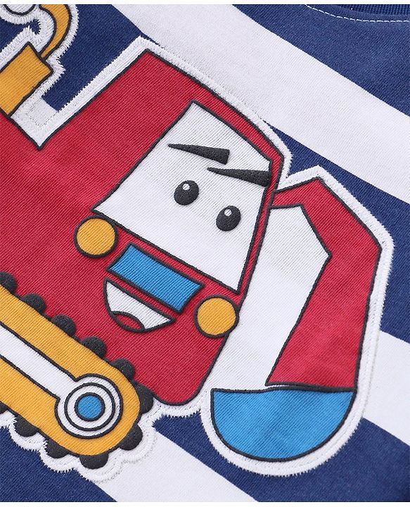 Babyhug Cotton Knit Full Sleeves Overlapped Striped Polo T-Shirt with JCB Patch - Navy Blue & White