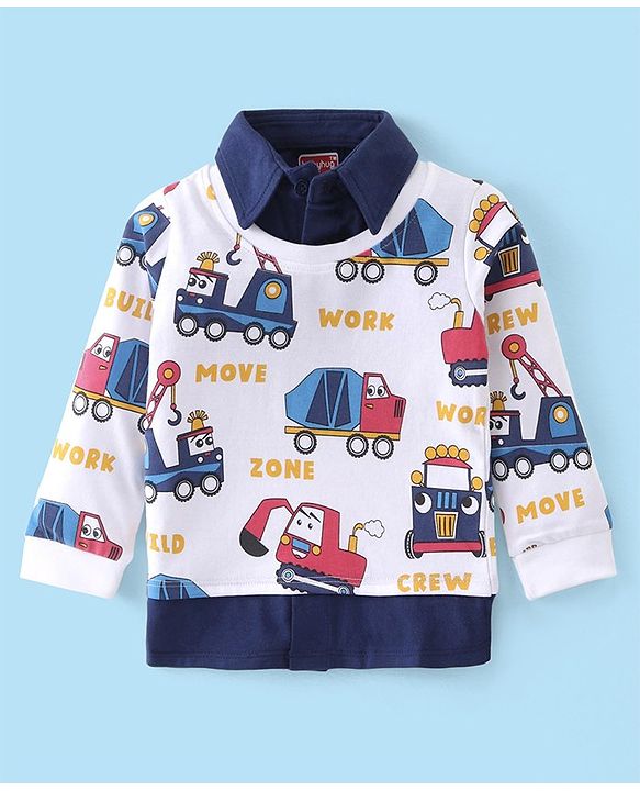 Babyhug Cotton Knit Full Sleeves Overlapped Collared T-Shirt With Construction Vehicles Print - Blue White
