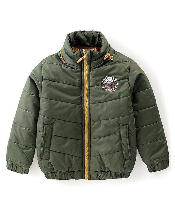 Babyhug Woven Full Sleeves Solid Color Padded Hooded Jacket- Olive Green & Mustard