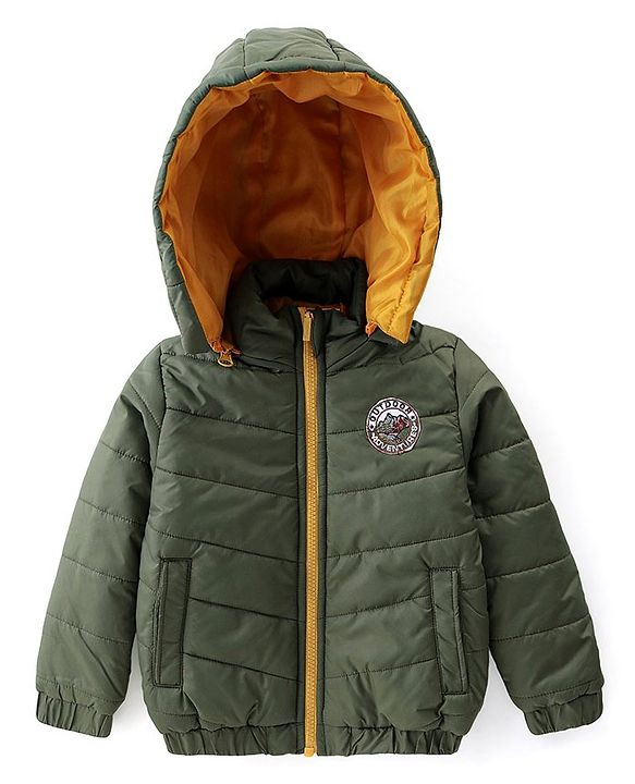 Babyhug Woven Full Sleeves Solid Color Padded Hooded Jacket- Olive Green & Mustard