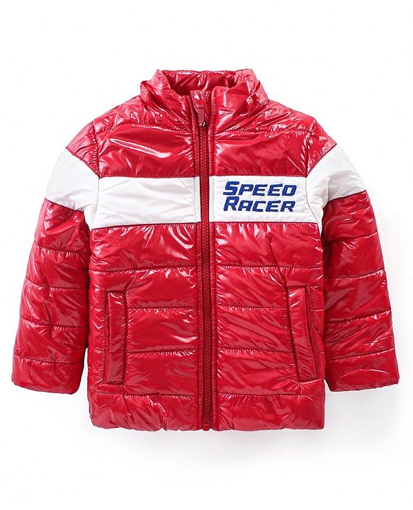 Babyhug Full Sleeves Front Open Padded Hooded Jacket with Colour Block Design & Text Embroidery - Red