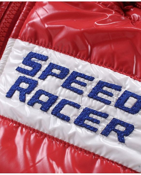 Babyhug Full Sleeves Front Open Padded Hooded Jacket with Colour Block Design & Text Embroidery - Red