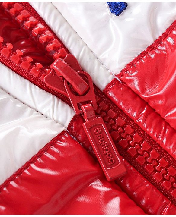 Babyhug Full Sleeves Front Open Padded Hooded Jacket with Colour Block Design & Text Embroidery - Red