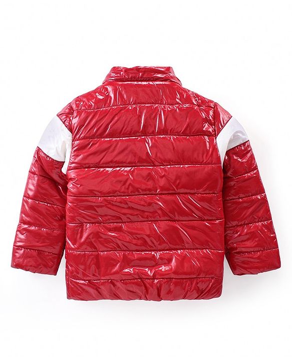Babyhug Full Sleeves Front Open Padded Hooded Jacket with Colour Block Design & Text Embroidery - Red