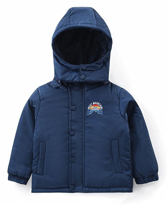 Babyhug Full Sleeves Front Open Padded Hooded Jacket with Detachable Hood & Embroidery Detailing - Navy Blue