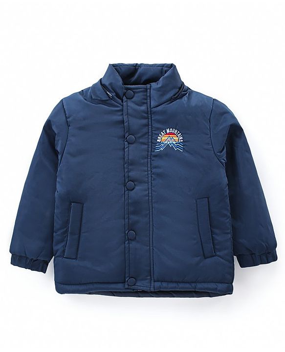 Babyhug Full Sleeves Front Open Padded Hooded Jacket with Detachable Hood & Embroidery Detailing - Navy Blue