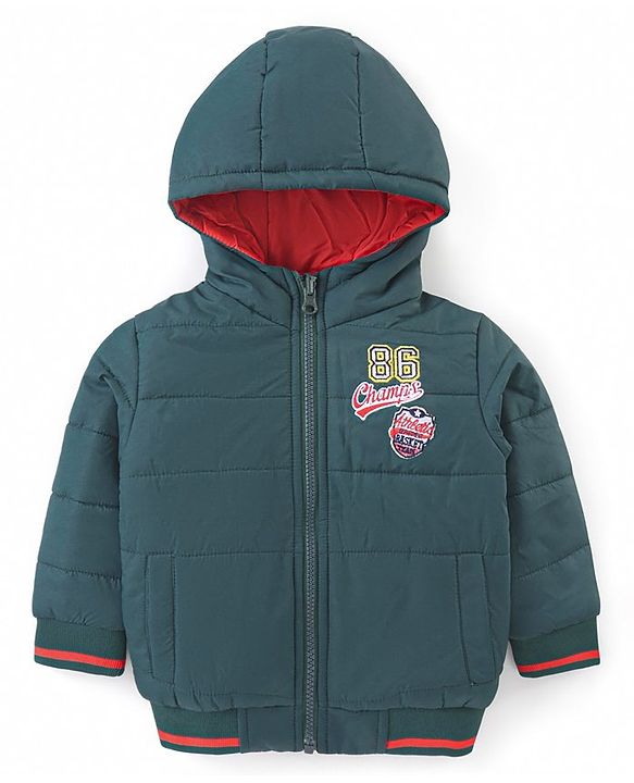 Babyhug Woven Full Sleeves Padded Hooded Jacket With Text Patch Detailing - Dark Green