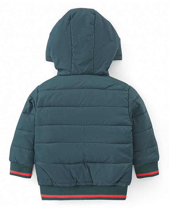 Babyhug Woven Full Sleeves Padded Hooded Jacket With Text Patch Detailing - Dark Green