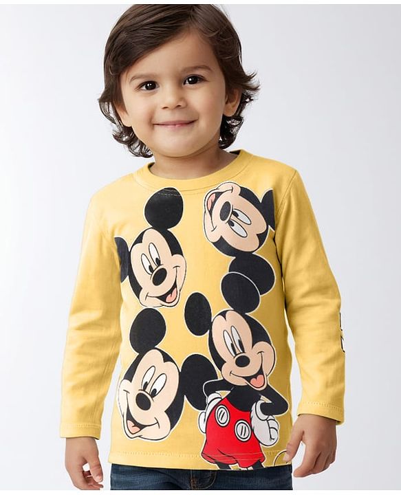 Babyhug Disney Cotton Knit Full Sleeves T-Shirt with Mickey Mouse Graphic - Yellow