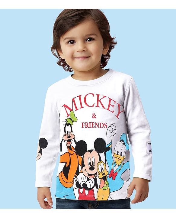 Babyhug Disney Cotton Knit  Full Sleeves T-Shirt with Mickey Mouse & Friends Graphic & Patch Detailing - Cream