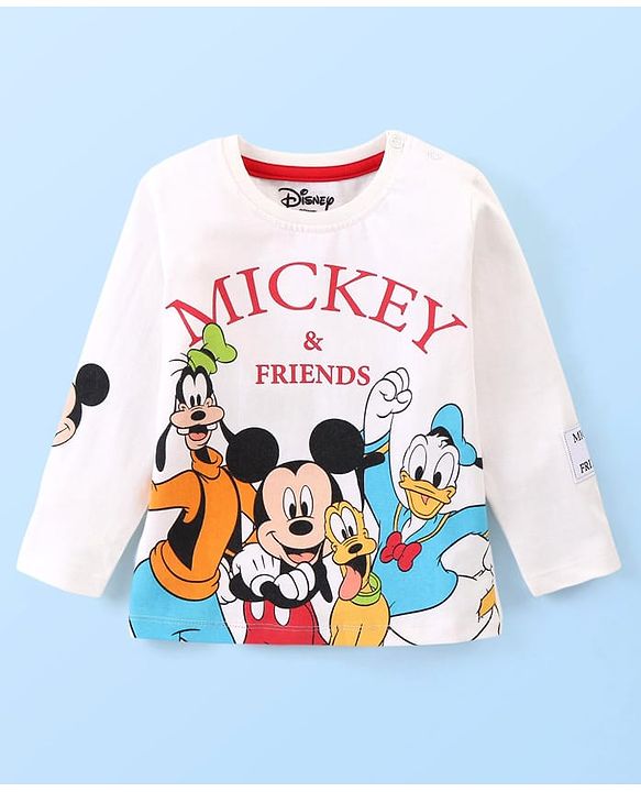 Babyhug Disney Cotton Knit  Full Sleeves T-Shirt with Mickey Mouse & Friends Graphic & Patch Detailing - Cream