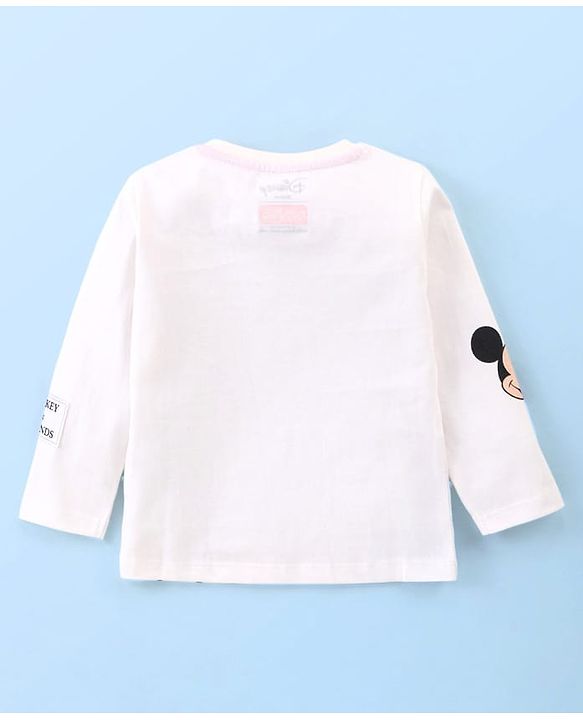 Babyhug Disney Cotton Knit  Full Sleeves T-Shirt with Mickey Mouse & Friends Graphic & Patch Detailing - Cream