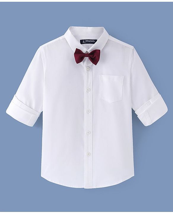 Pine Kids Cotton Woven Full Sleeves Solid Colour  Party Shirt with Bow - White