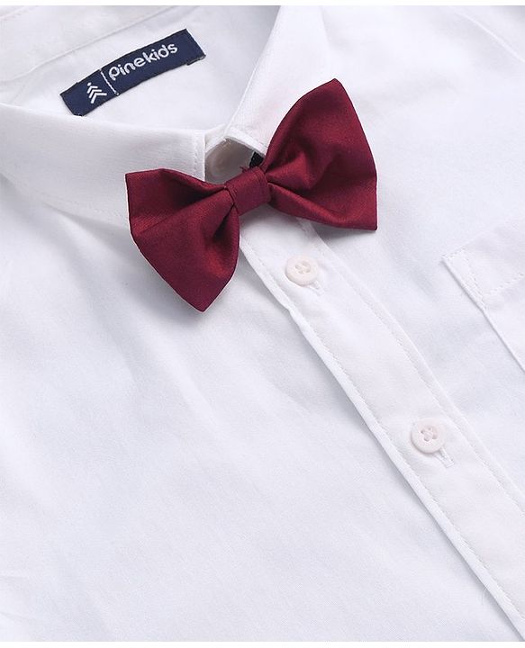 Pine Kids Cotton Woven Full Sleeves Solid Colour  Party Shirt with Bow - White
