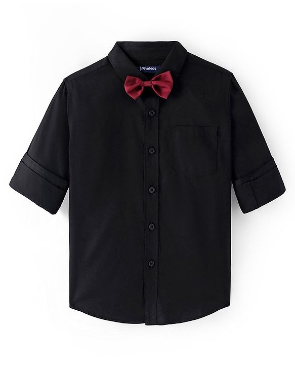 Pine Kids Cotton Woven Full Sleeves Solid Colour Party Shirt with Bow - Black
