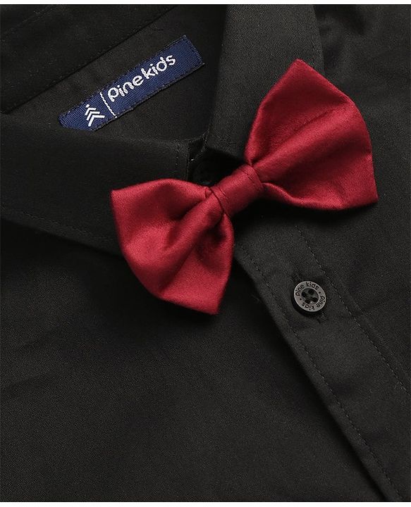 Pine Kids Cotton Woven Full Sleeves Solid Colour Party Shirt with Bow - Black