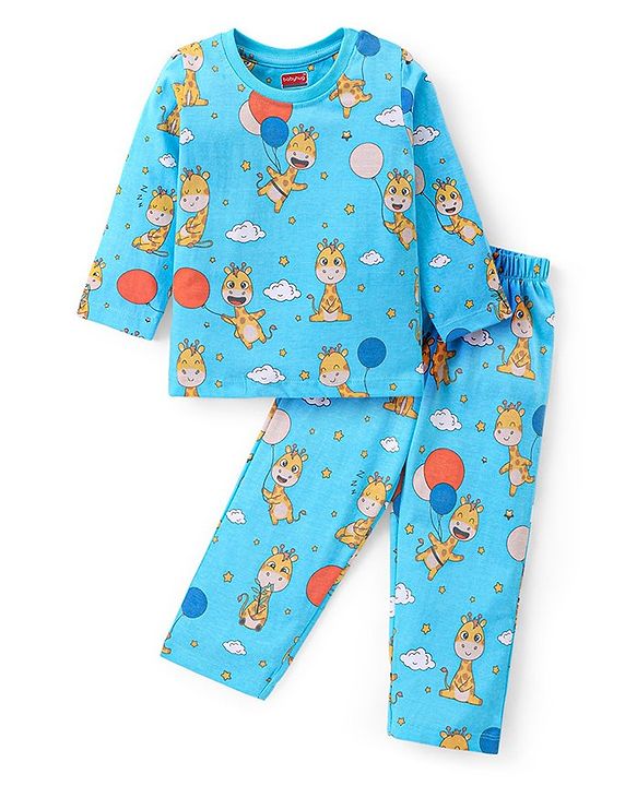 Babyhug Cotton Knit Full Sleeves Night Suit With Giraffe Print - Blue
