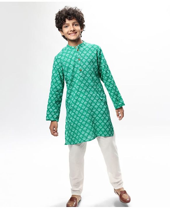 Pine Kids Cotton Woven Full Sleeves Kurta Pyjama Set Floral Print - Green