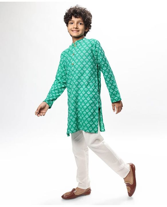Pine Kids Cotton Woven Full Sleeves Kurta Pyjama Set Floral Print - Green