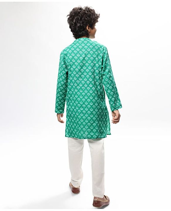 Pine Kids Cotton Woven Full Sleeves Kurta Pyjama Set Floral Print - Green