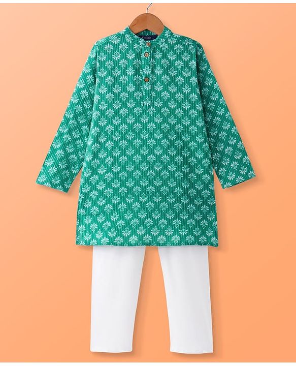 Pine Kids Cotton Woven Full Sleeves Kurta Pyjama Set Floral Print - Green