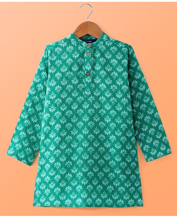 Pine Kids Cotton Woven Full Sleeves Kurta Pyjama Set Floral Print - Green