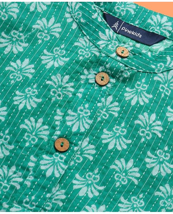 Pine Kids Cotton Woven Full Sleeves Kurta Pyjama Set Floral Print - Green