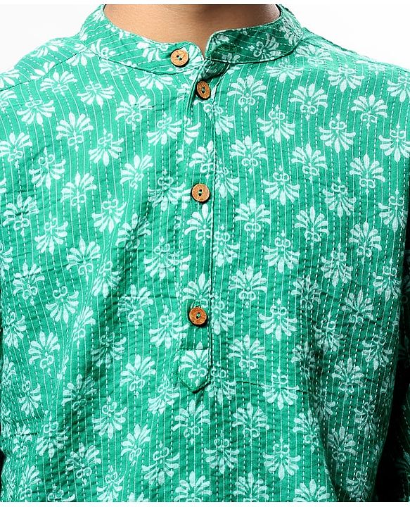 Pine Kids Cotton Woven Full Sleeves Kurta Pyjama Set Floral Print - Green