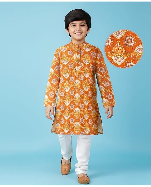 Pine Kids Cotton Woven Full Sleeves Kurta Pyjama Set Paisley Print - Mustard