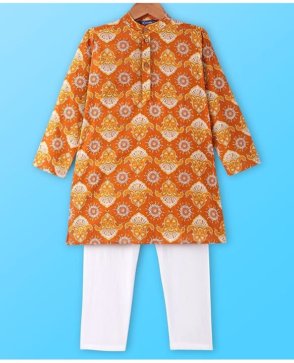Pine Kids Cotton Woven Full Sleeves Kurta Pyjama Set Paisley Print - Mustard