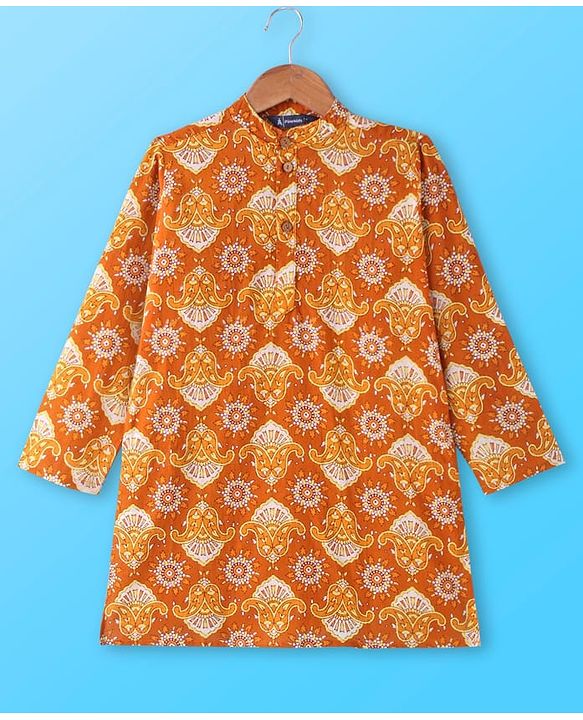 Pine Kids Cotton Woven Full Sleeves Kurta Pyjama Set Paisley Print - Mustard