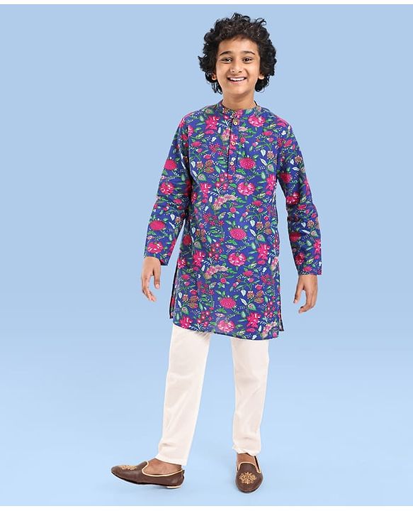 Pine Kids Cotton Woven Full Sleeves Kurta Pyjama Set Floral Print - Blue