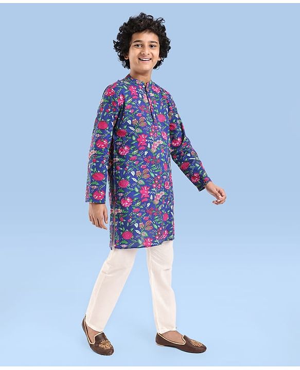 Pine Kids Cotton Woven Full Sleeves Kurta Pyjama Set Floral Print - Blue
